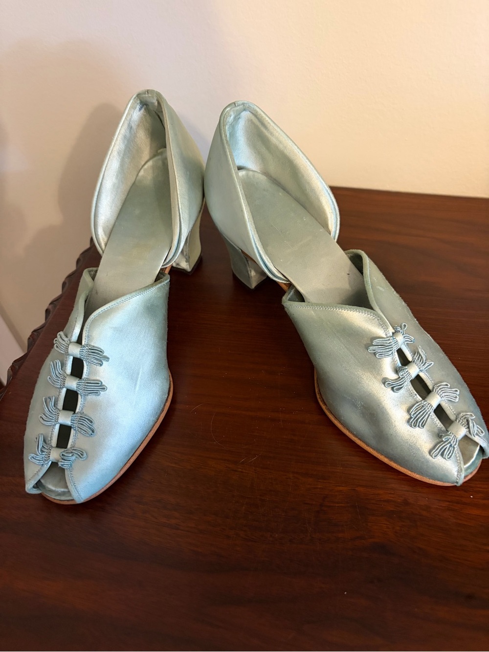 1940s Satin Slippers in Pale Teal